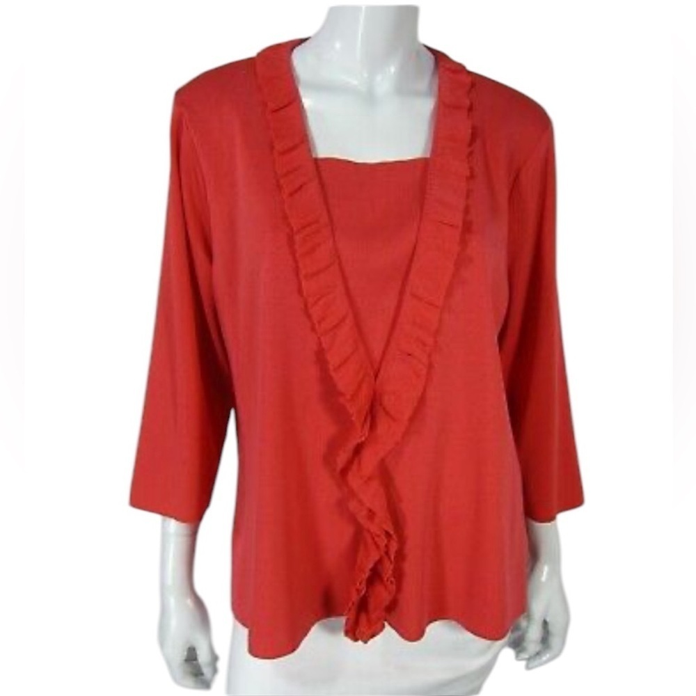 Exclusively Misook NWT orange flamingo ruffle cardigan style 8874